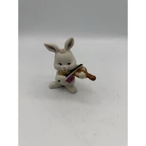 Vintage Enesco Bunny Playing Violin Figurine 2.75” Pink Vest Easter Korea